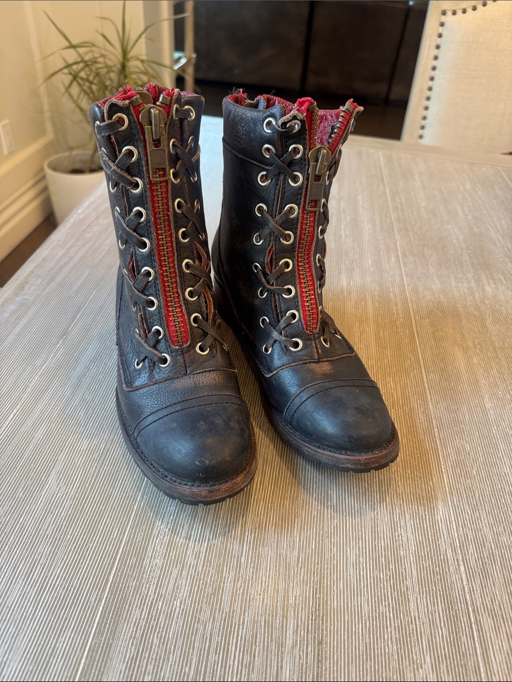 Freebird by Steven Black Leather Lace-Up Combat Boots with Red Zippers Liverpool